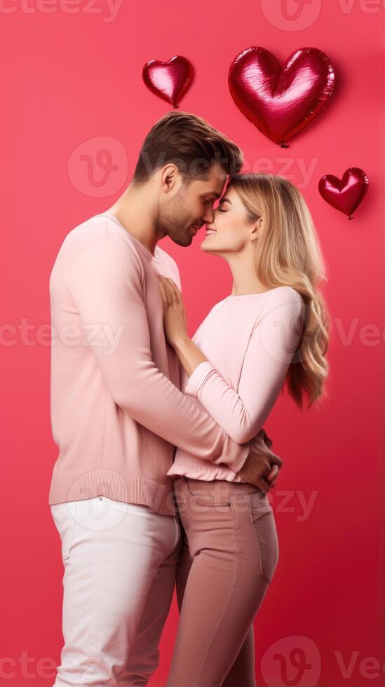 AI generated Married lovely couple cuddle and kissing on pink valentine background photo