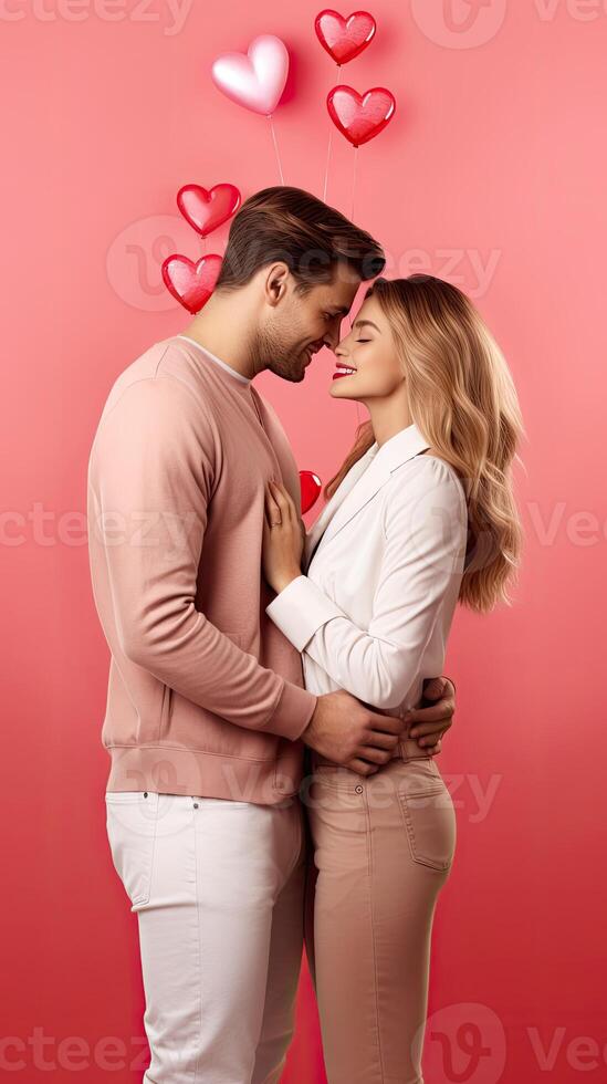 AI generated Married lovely couple cuddle and kissing on pink valentine background photo