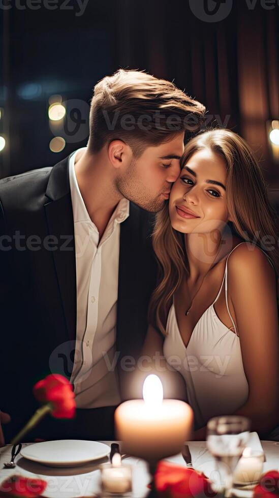 AI generated Lovely young couple in formal outfit spending time together on luxury dinner restaurant photo