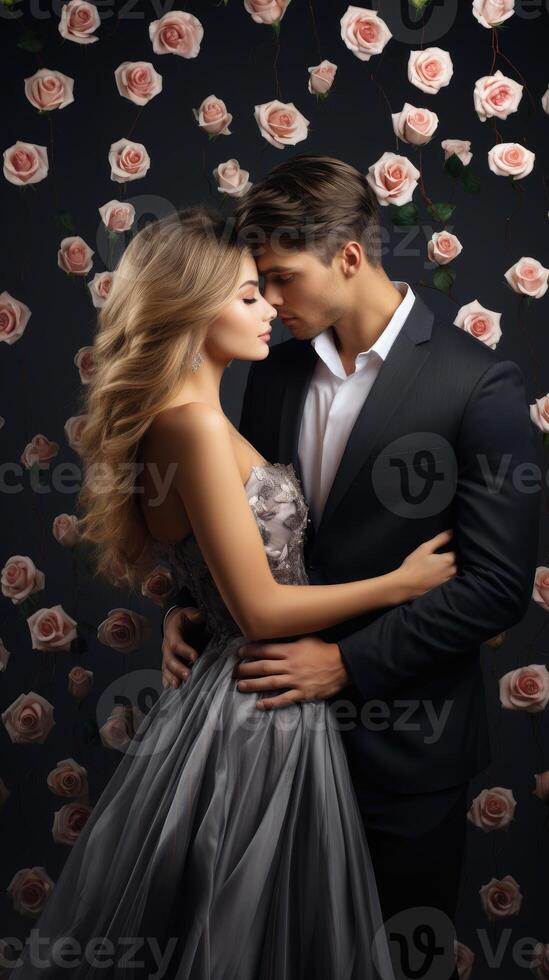 ai generado hermosa contento encantador Pareja son besos en Rosa gris fondo, enamorado concepto foto