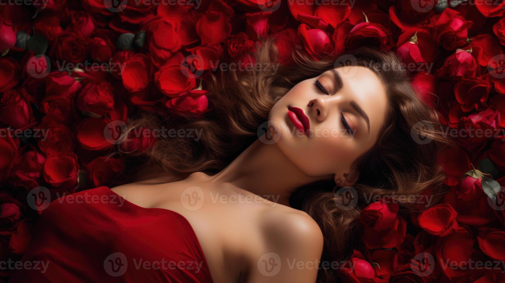 AI generated Lady in a red dress lying on the floor with red rose petals background in Valentine day concept photo