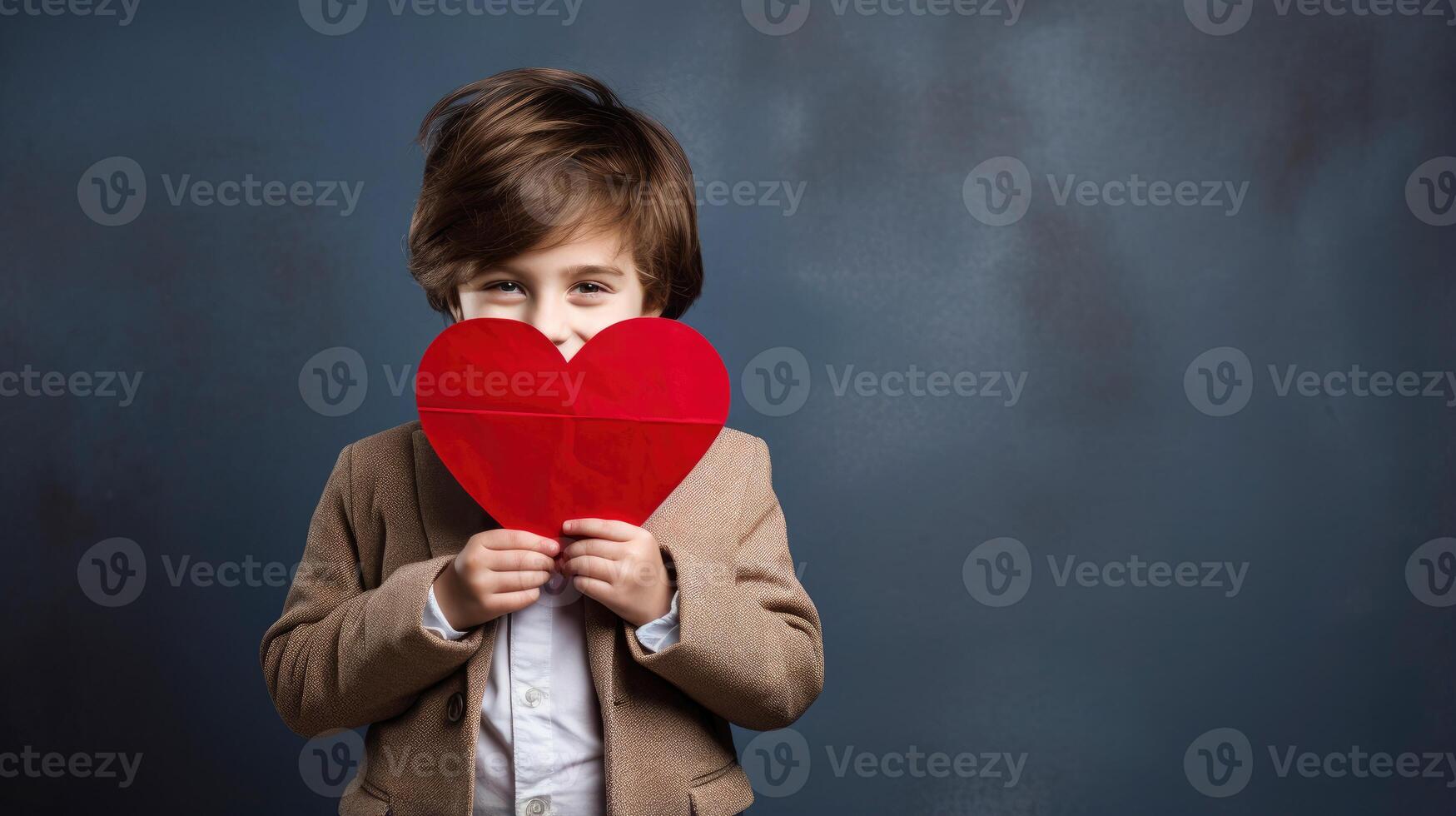 AI generated A shy little boy holding a paper heart shape and hiding behind it on grey background photo