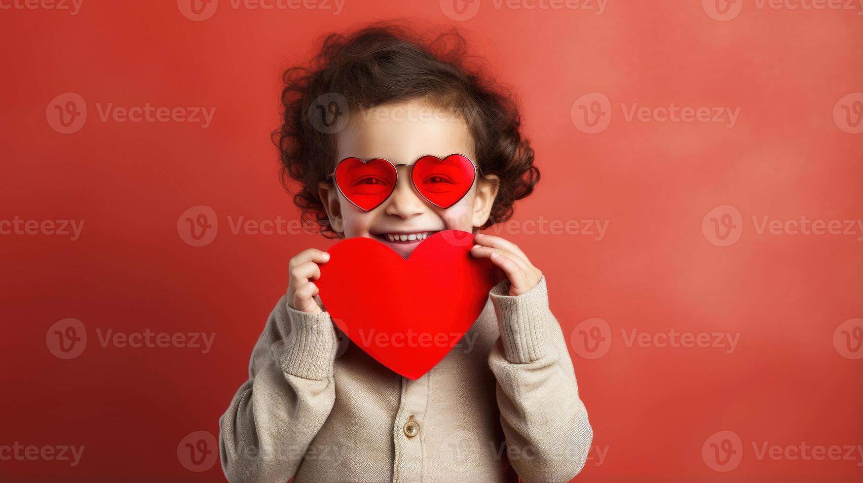 AI generated A young boy with a red paper heart on his hand isolated on red valentine background photo