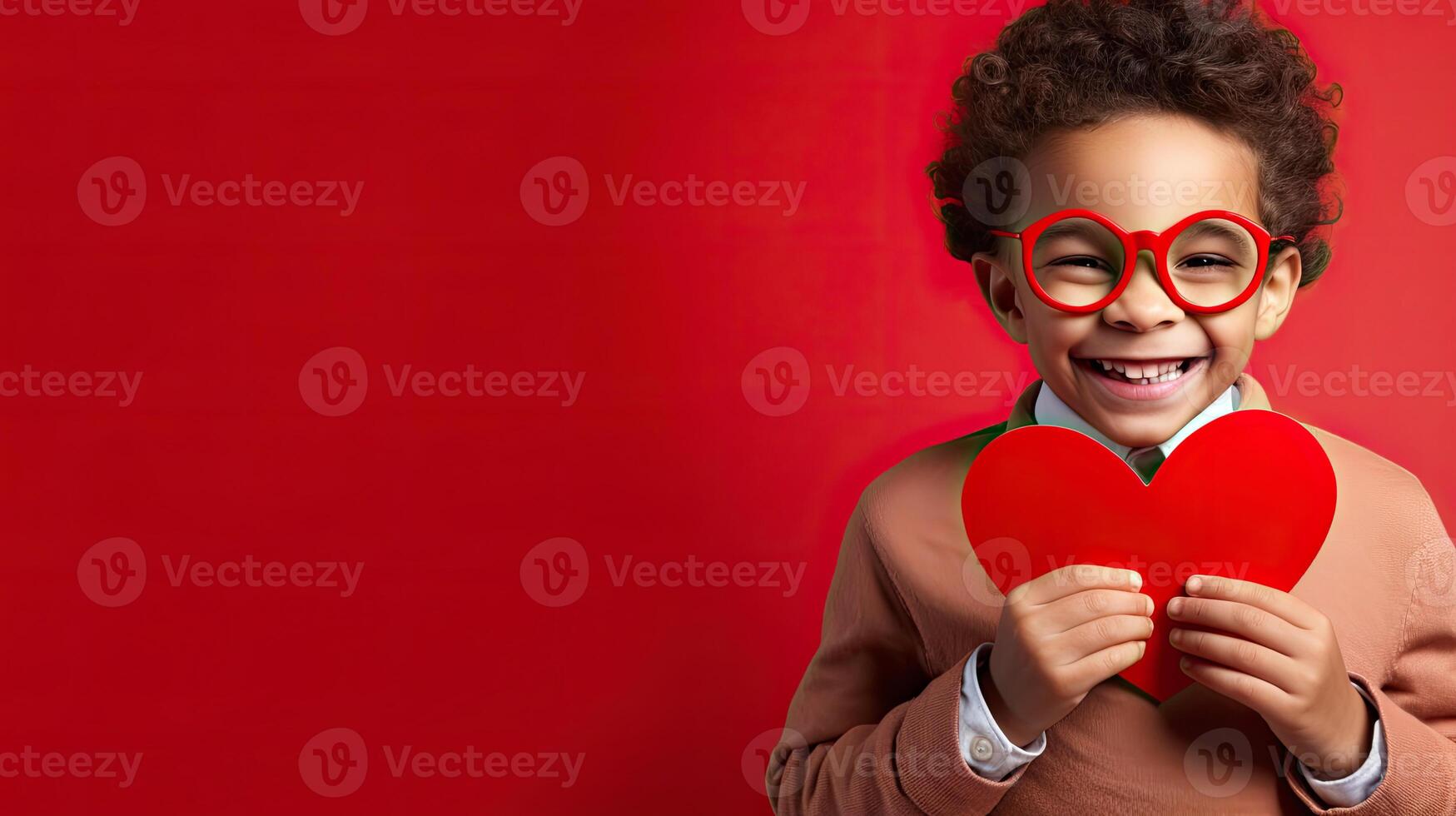 AI generated A young boy with a red paper heart on his hand isolated on red valentine background photo