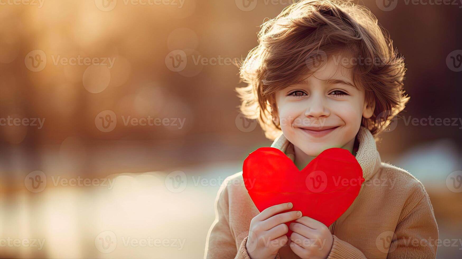 AI generated A shy little boy holding a paper heart shape and hiding behind it on blur bokeh city background photo