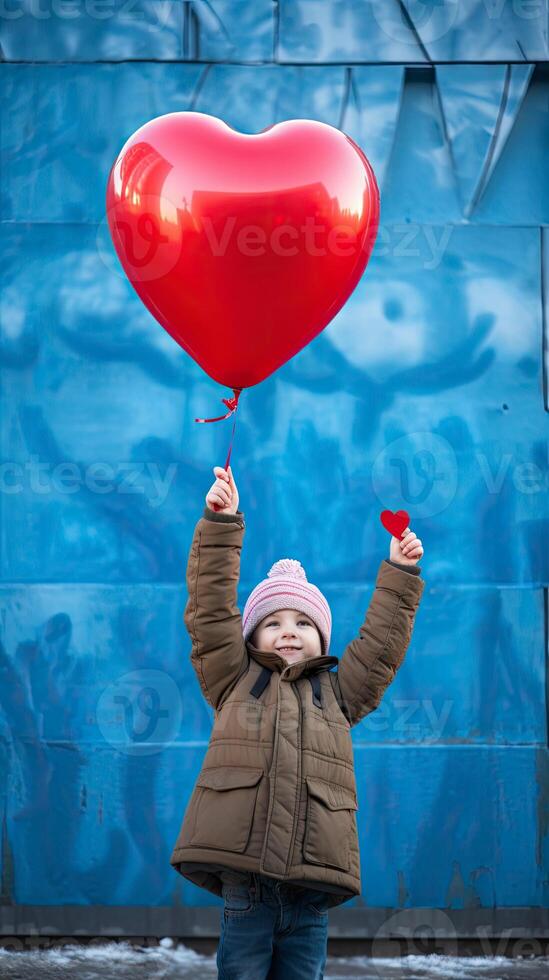 AI generated Front view of a kid with red valentine heart shaped balloon on blue wall background photo