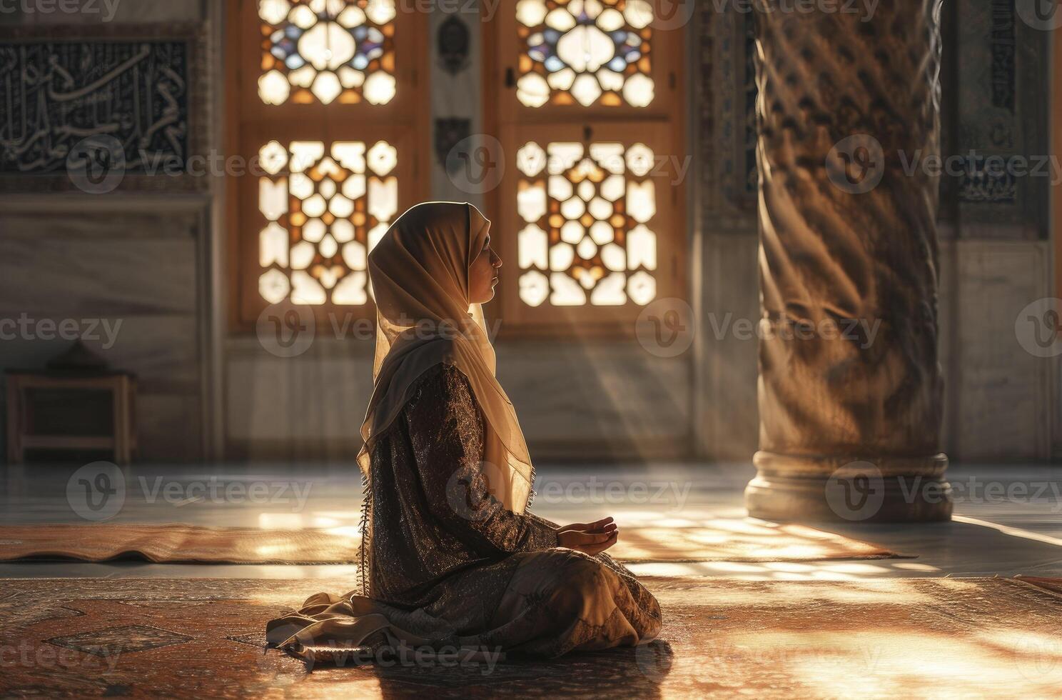 AI generated Muslim women praying for the blessings of Allah At the mosque photo