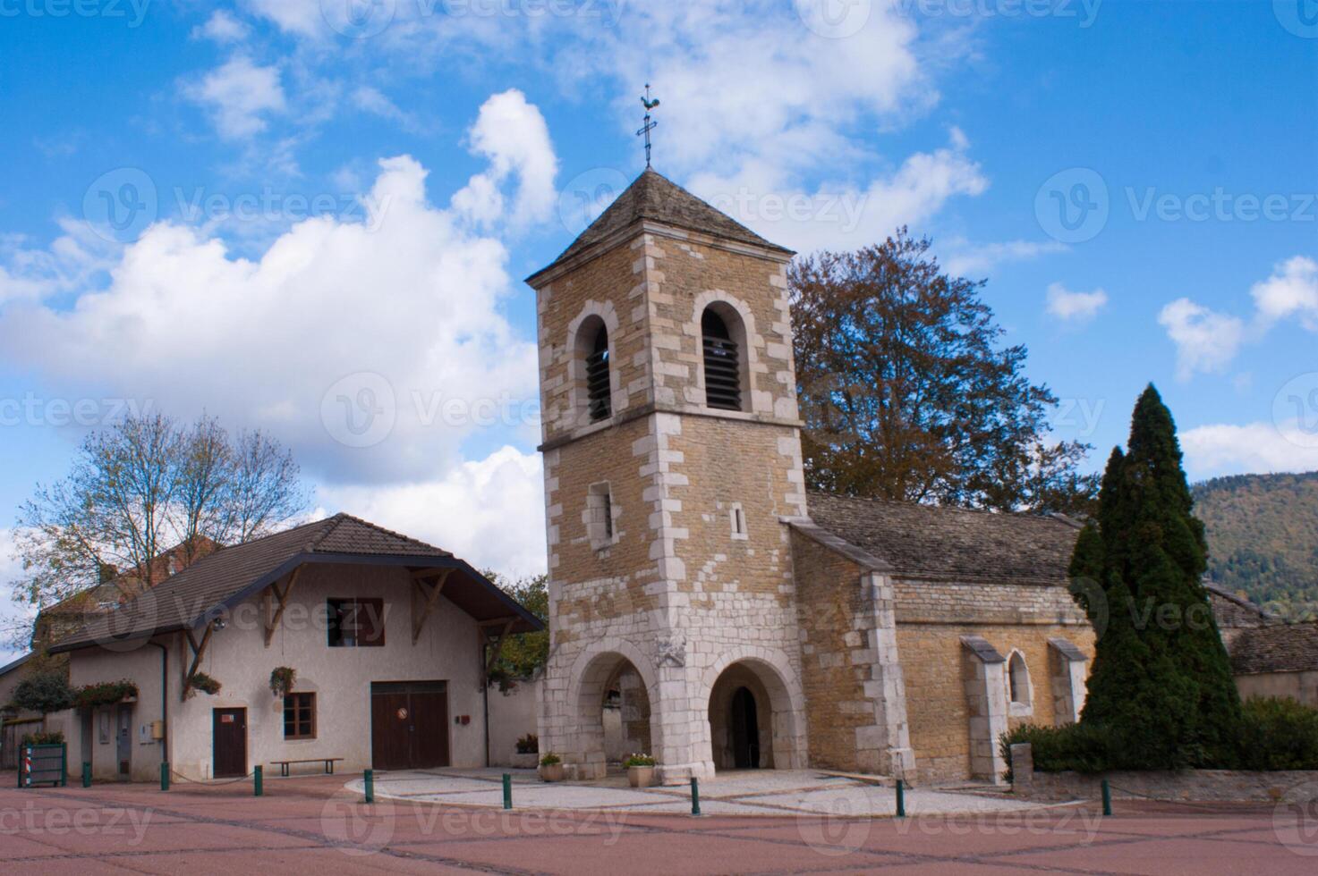 a church with a tower photo