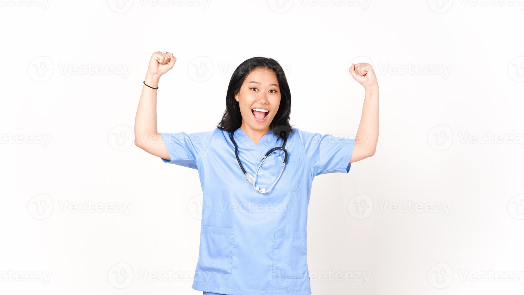 Young Asian female doctor showing strong arms isolated on white background photo