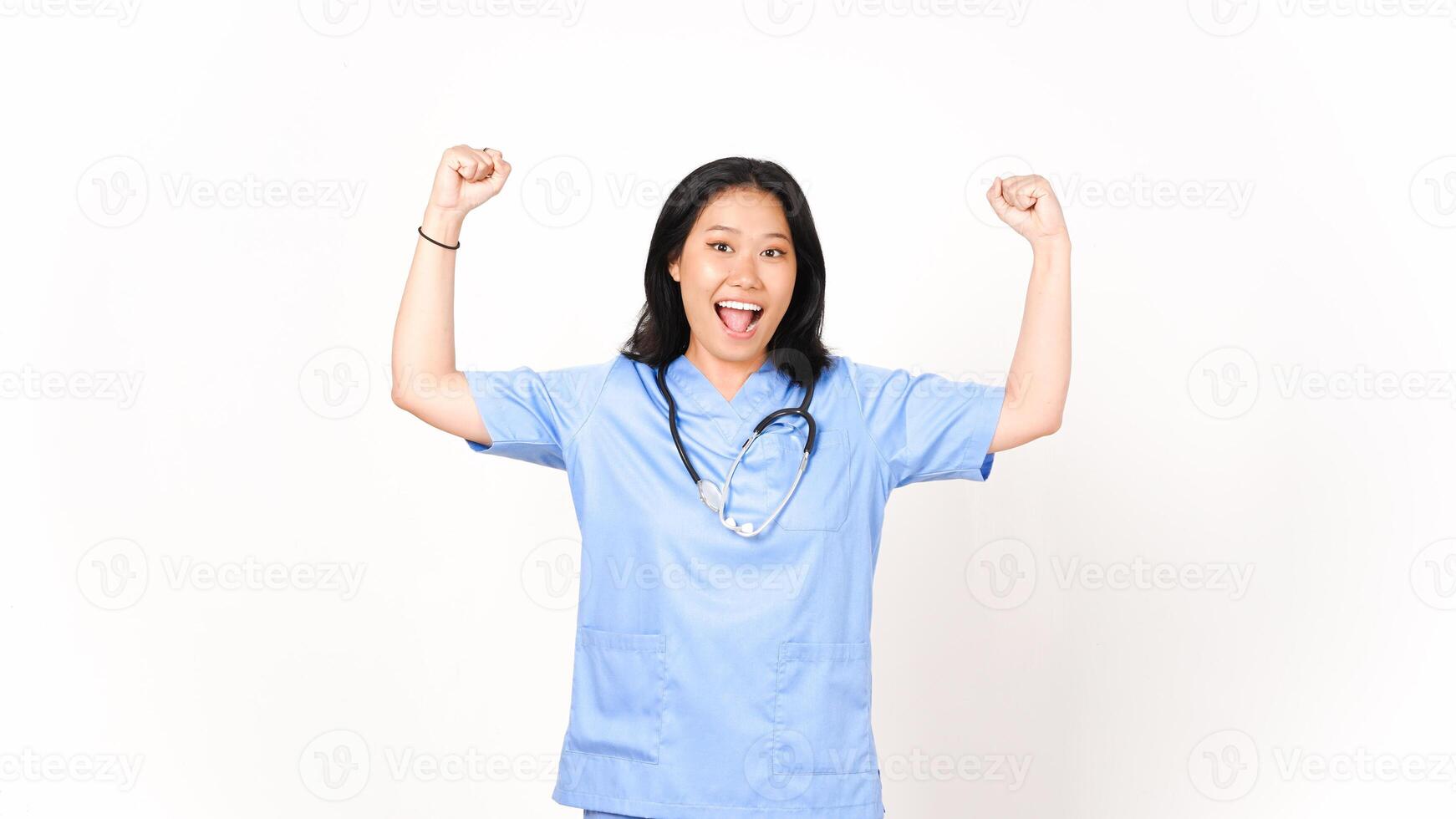 Young Asian female doctor showing strong arms isolated on white background photo