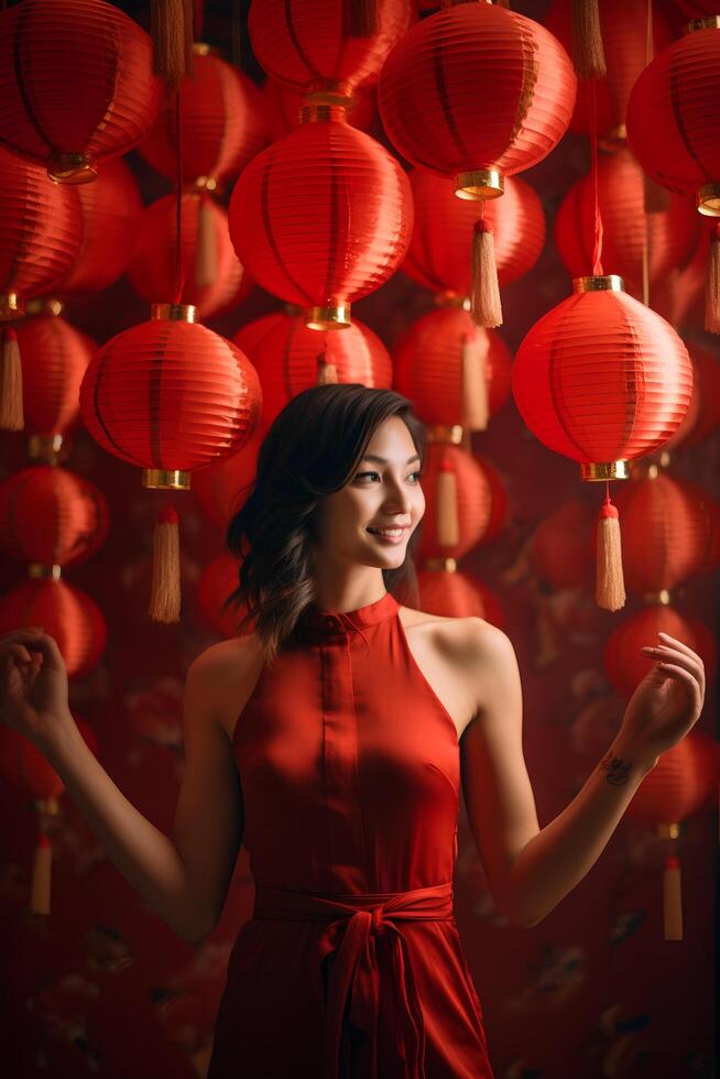 AI generated Lantern Magic Lady Lighting Up the Spirit of Chinese New Year photo