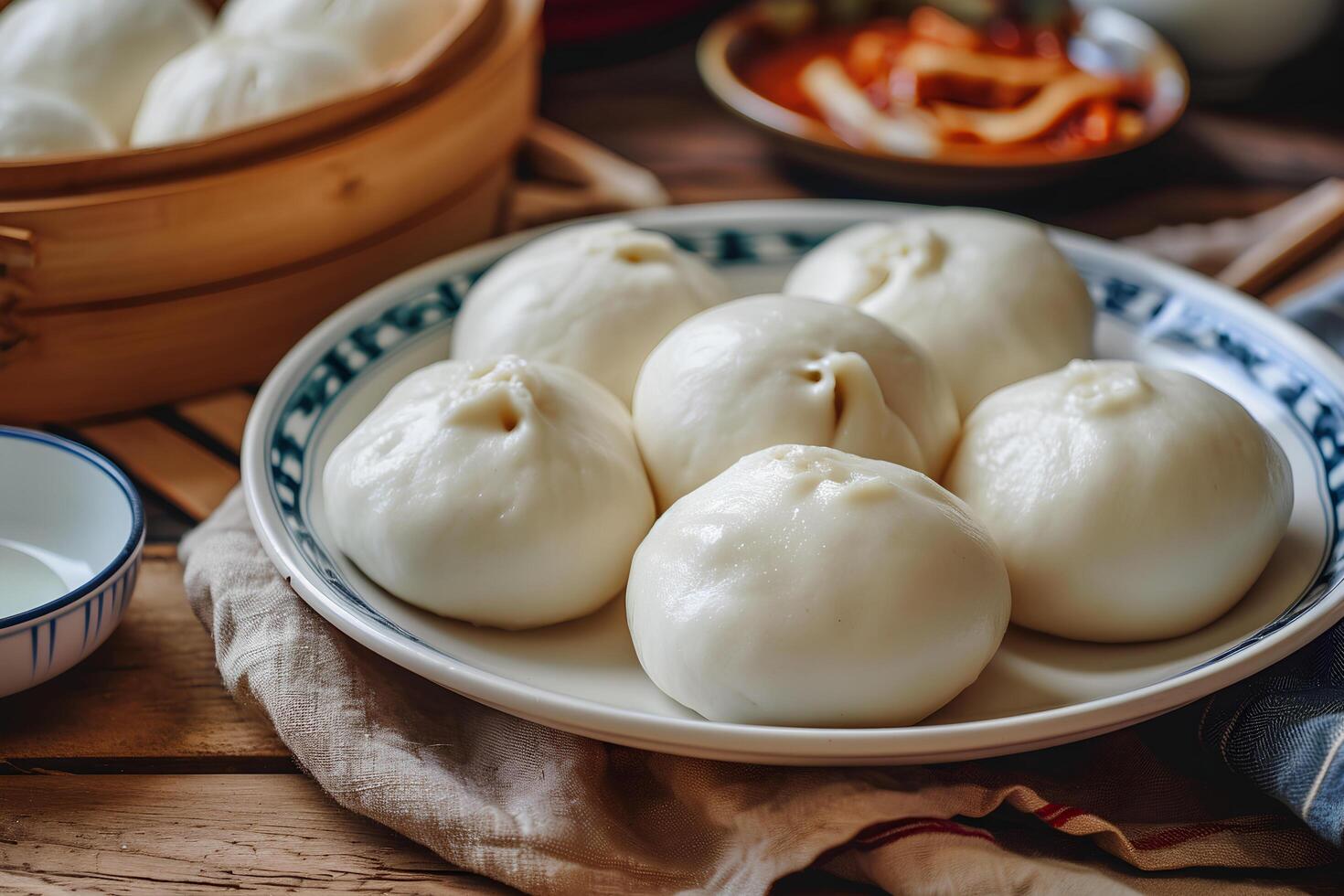 AI generated Bite of Tradition Plate of Steamed Red Bean Buns Doushabao photo