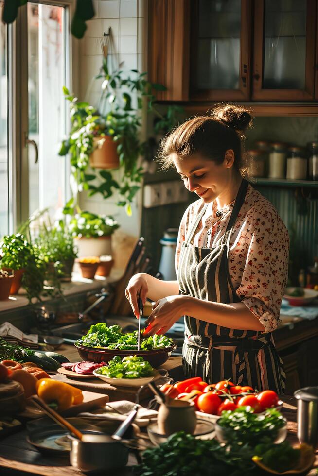 AI generated Culinary Passion Woman Engaged in Vegetable Prep for Cooking photo