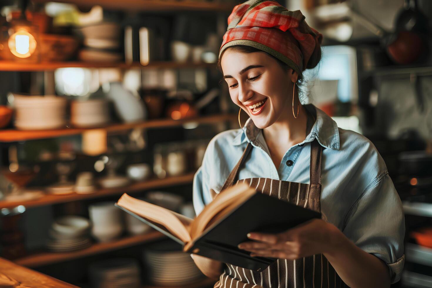 AI generated Cookbook Joy Reading with Excitement for the Love of Cooking photo