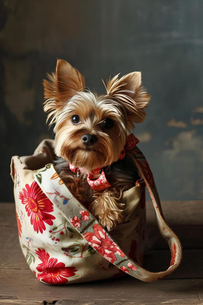 AI generated Chic Yorkie Travel A Fashionable Adventure in the Carrier Bag photo