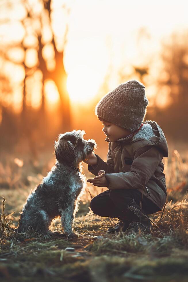 AI generated Childhood Bonds Heartwarming Connections with Furry Friends photo