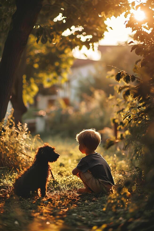 AI generated Childhood Bonds Heartwarming Connections with Furry Friends photo