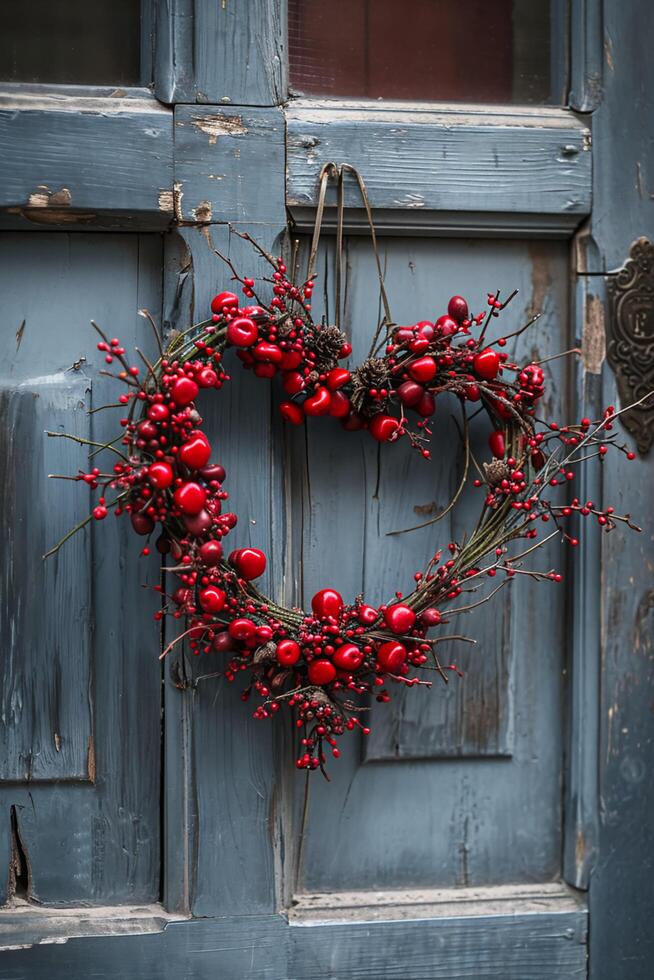 AI generated Heartwarming Welcome Valentine's Nature Wreath Adorning the Door photo