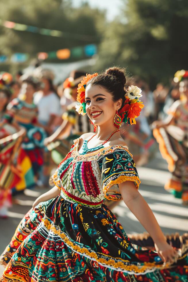 ai generado vibrante tradiciones mujer en tradicional mexicano vestidos foto