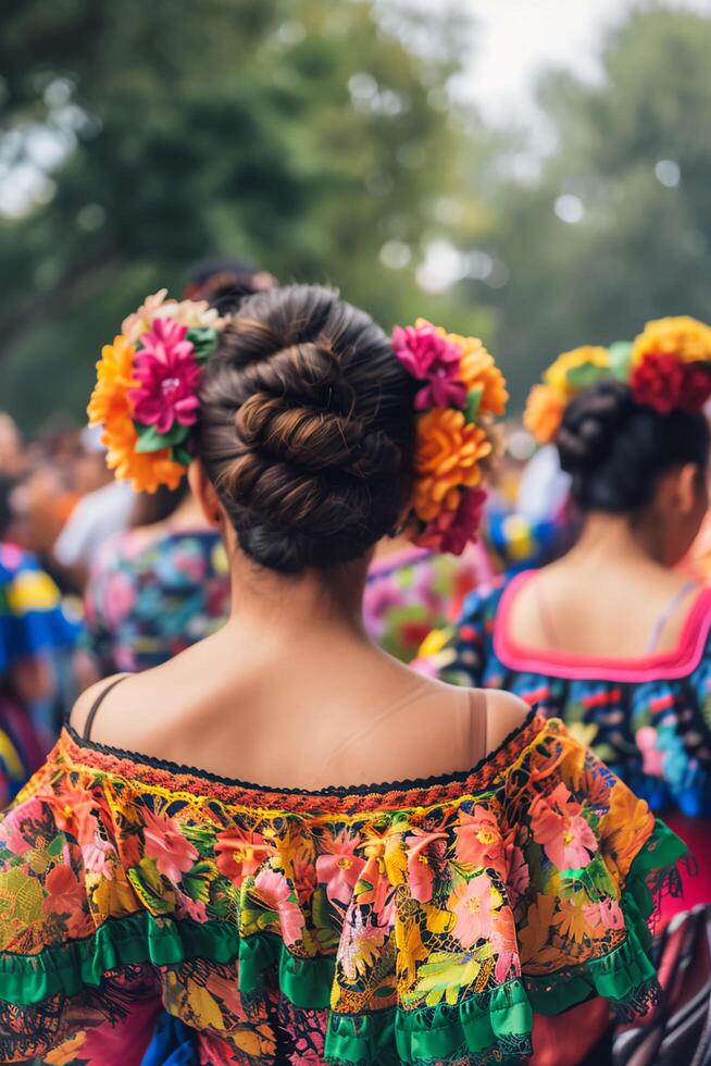 ai generado vibrante tradiciones mujer en tradicional mexicano vestidos foto