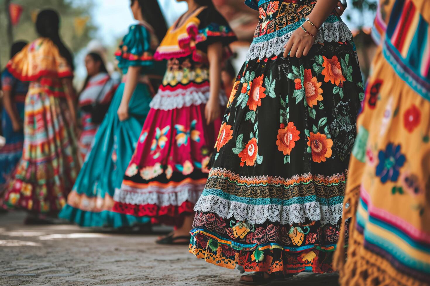 ai generado vibrante tradiciones mujer en tradicional mexicano vestidos foto