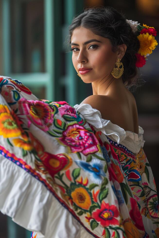 AI generated Rhythmic Elegance Woman Embracing the Spirit of Mexican Folk Traditions photo