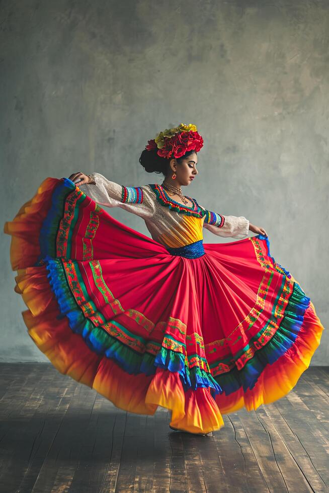 ai generado rítmico elegancia mujer abrazando el espíritu de mexicano gente tradiciones foto