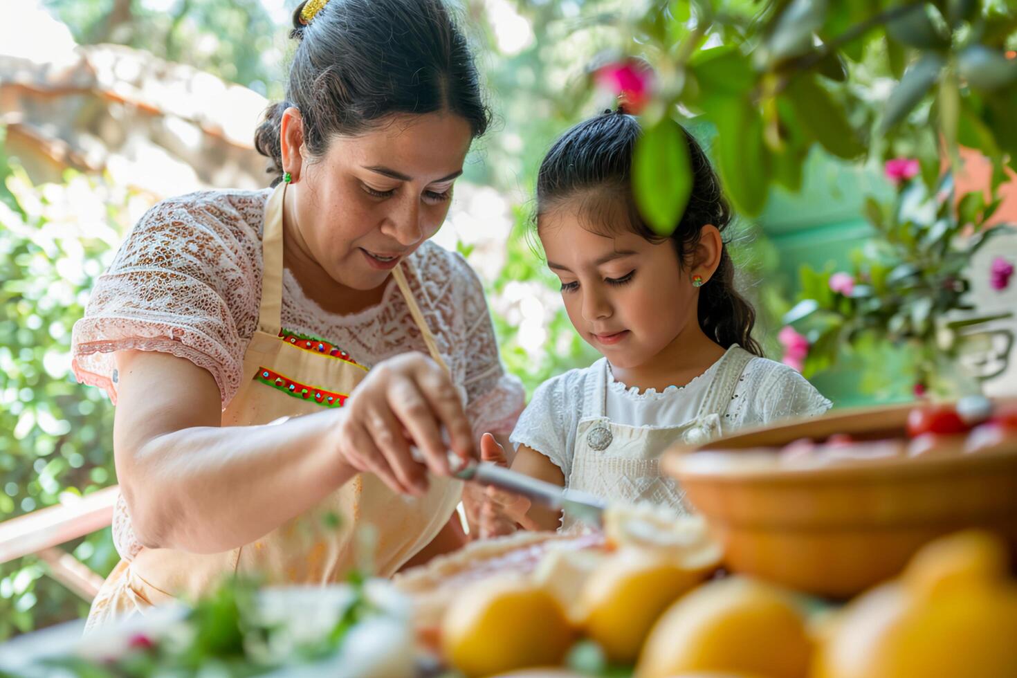 AI generated Kitchen Heritage Mother and Daughter Cooking Up Mexican Family Memories photo