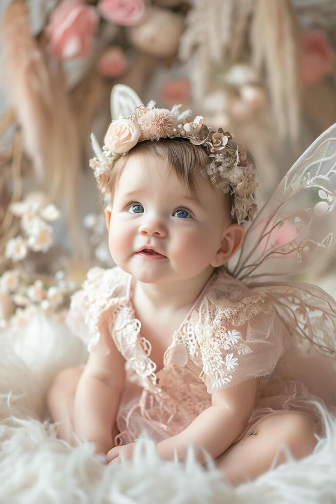 AI generated Enchanting Innocence Baby Girl Radiates Fairy Charm in Soft Pastels photo