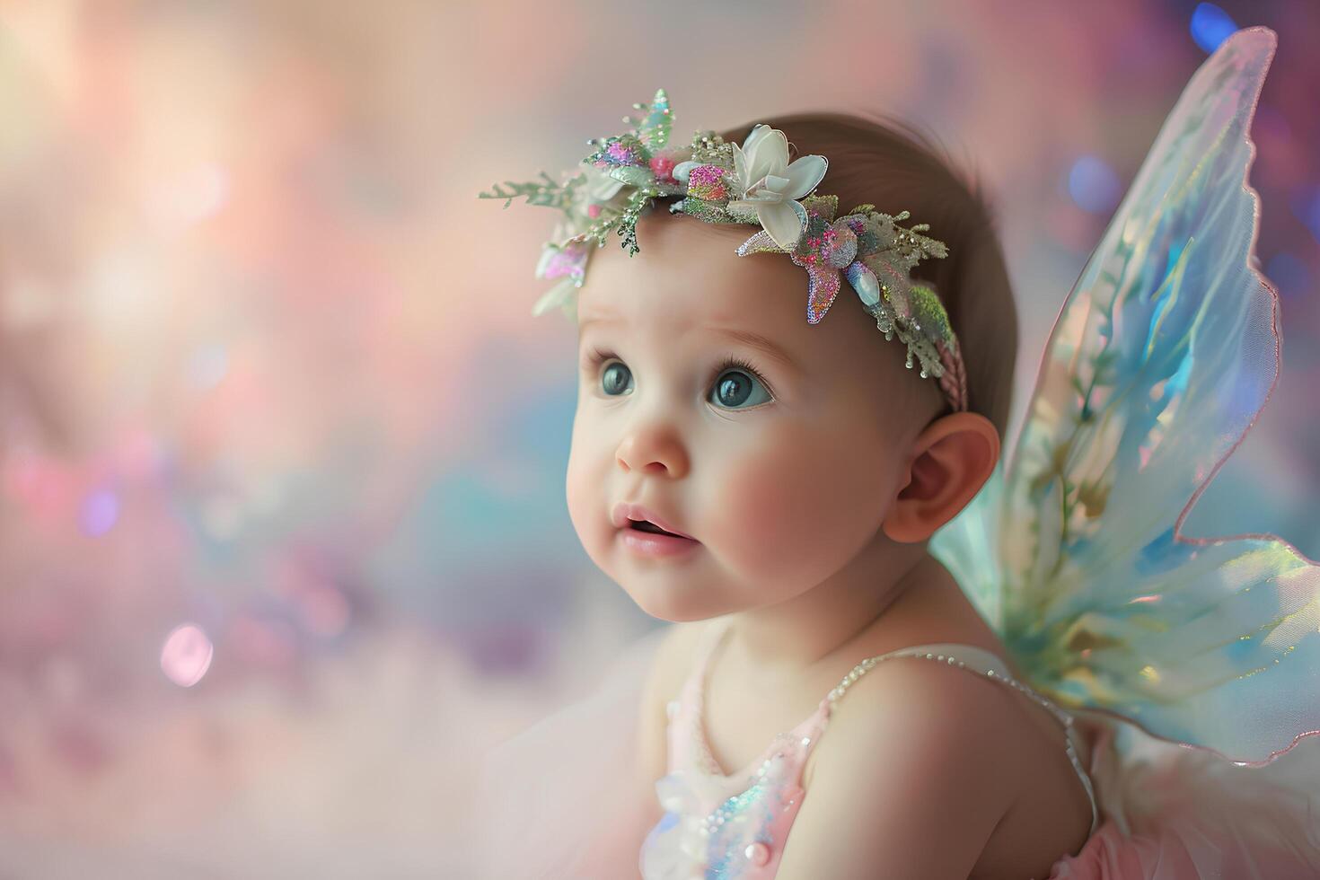 AI generated Enchanting Innocence Baby Girl Radiates Fairy Charm in Soft Pastels photo