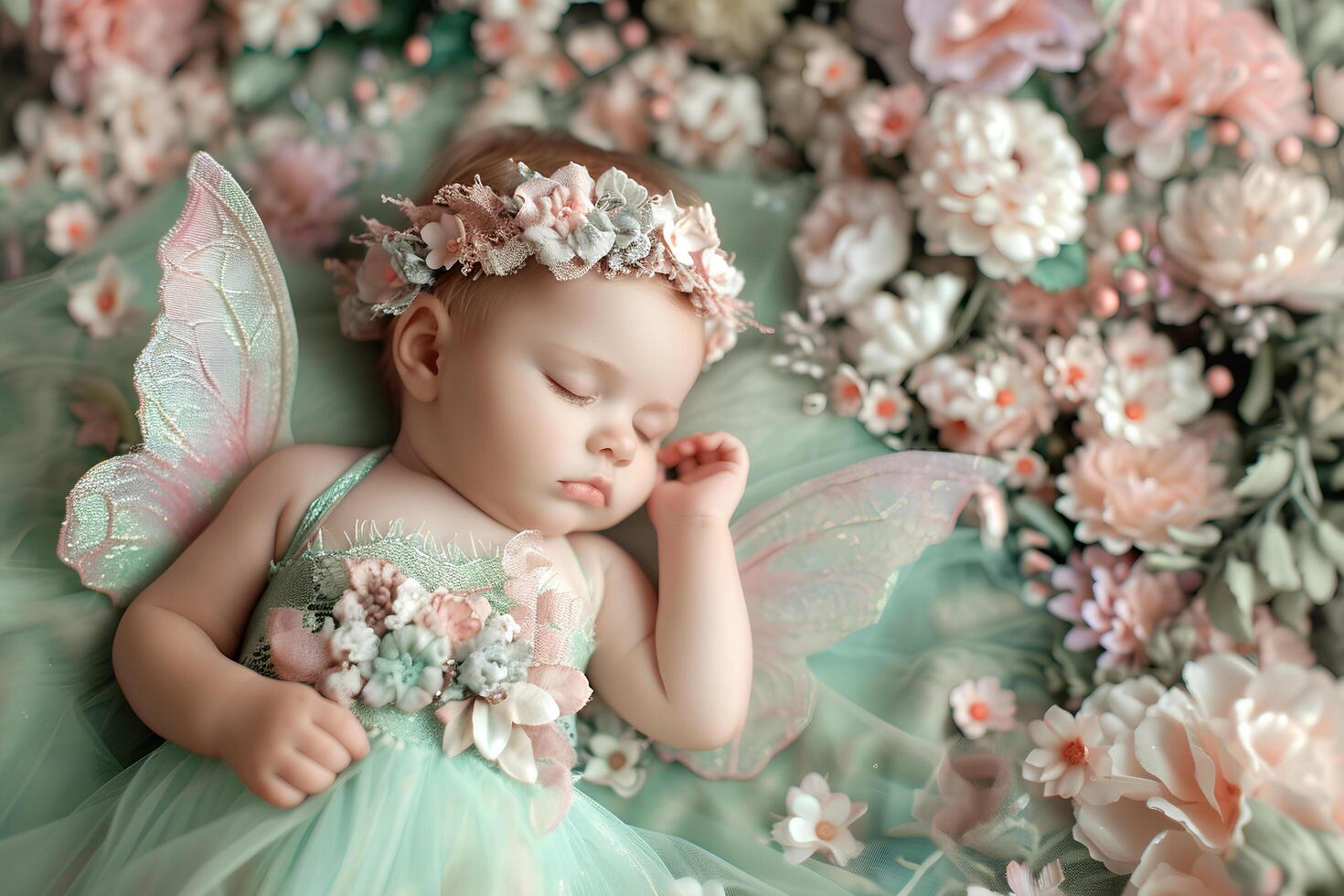 AI generated Enchanting Innocence Baby Girl Radiates Fairy Charm in Soft Pastels photo