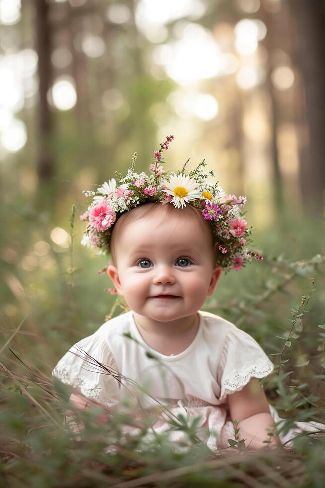 AI generated Enchanted Celebration Baby Girl's Forest-Themed Birthday Delight photo