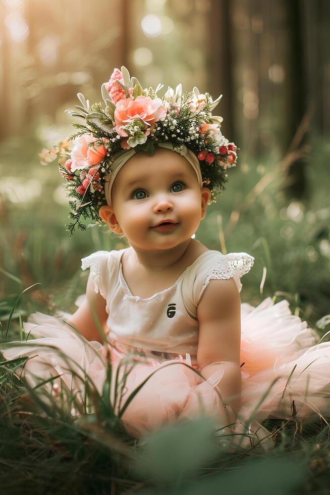 AI generated Enchanted Celebration Baby Girl's Forest-Themed Birthday Delight photo
