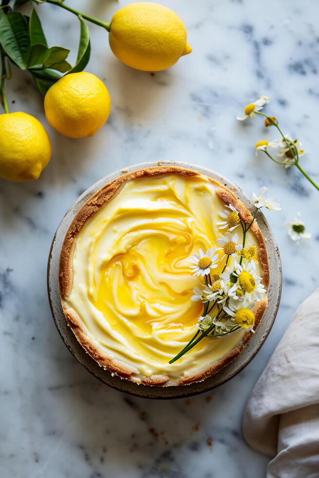 ai generado primavera elegancia sencillo composición de limón Cuajada tarta de queso con granjero elegante foto