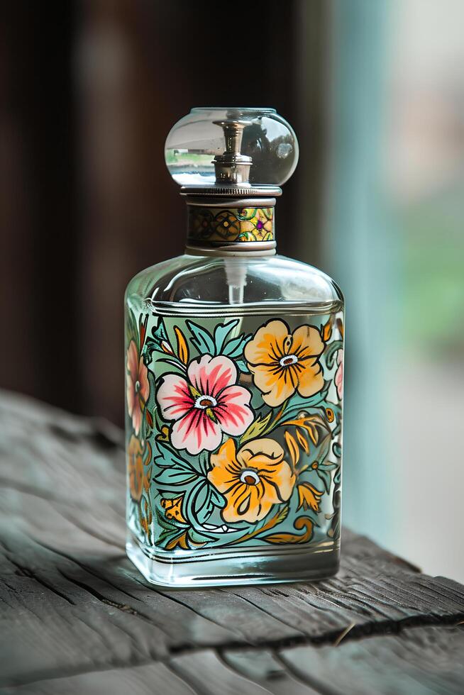 AI generated Chic Heritage Russian Motif Perfume Bottle with Folk Patterns photo