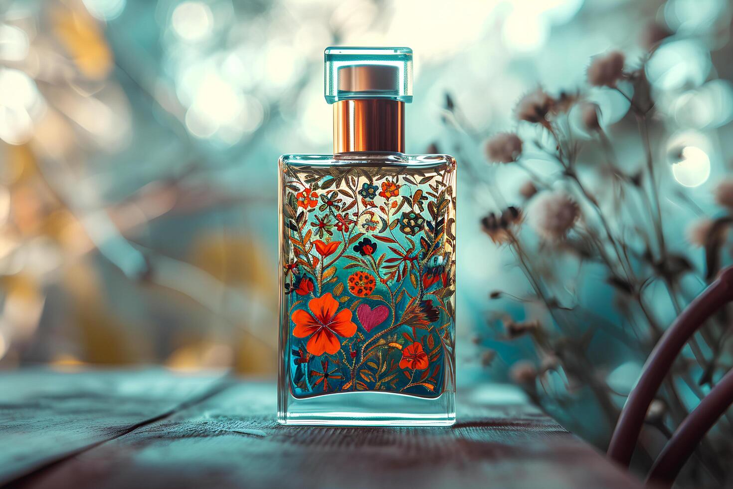 AI generated Chic Heritage Russian Motif Perfume Bottle with Folk Patterns photo