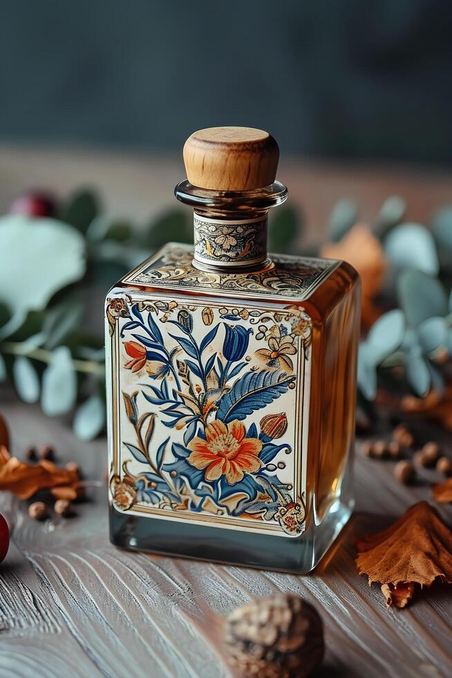 AI generated Chic Heritage Russian Motif Perfume Bottle with Folk Patterns photo