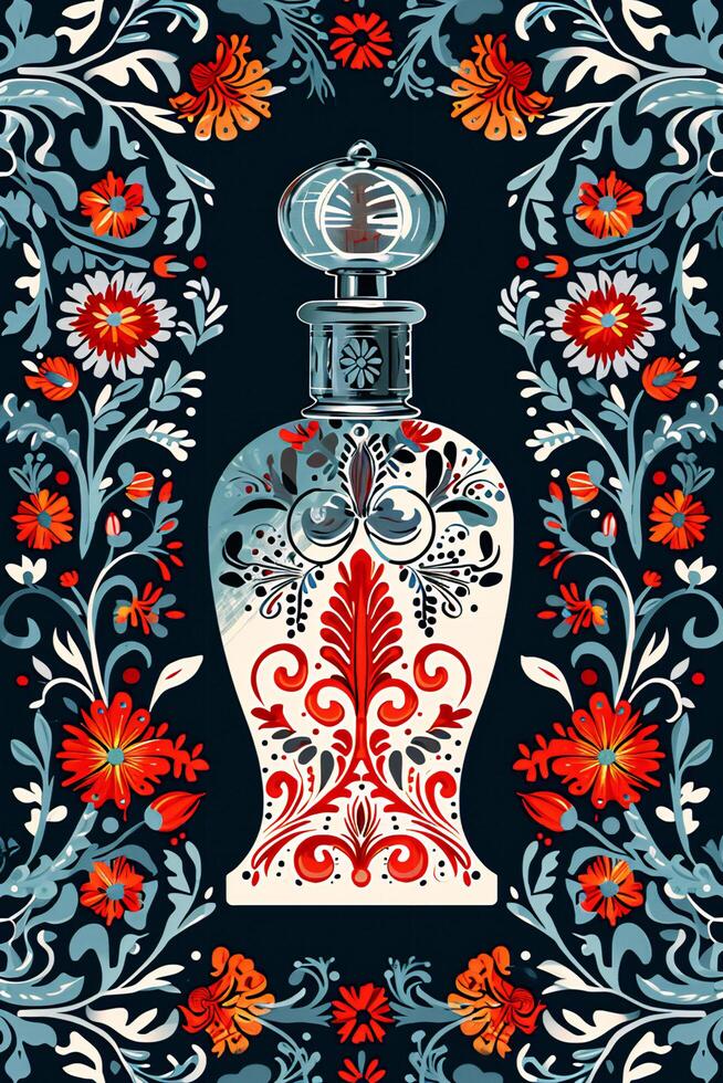 AI generated Chic Heritage Russian Motif Perfume Bottle with Folk Patterns photo