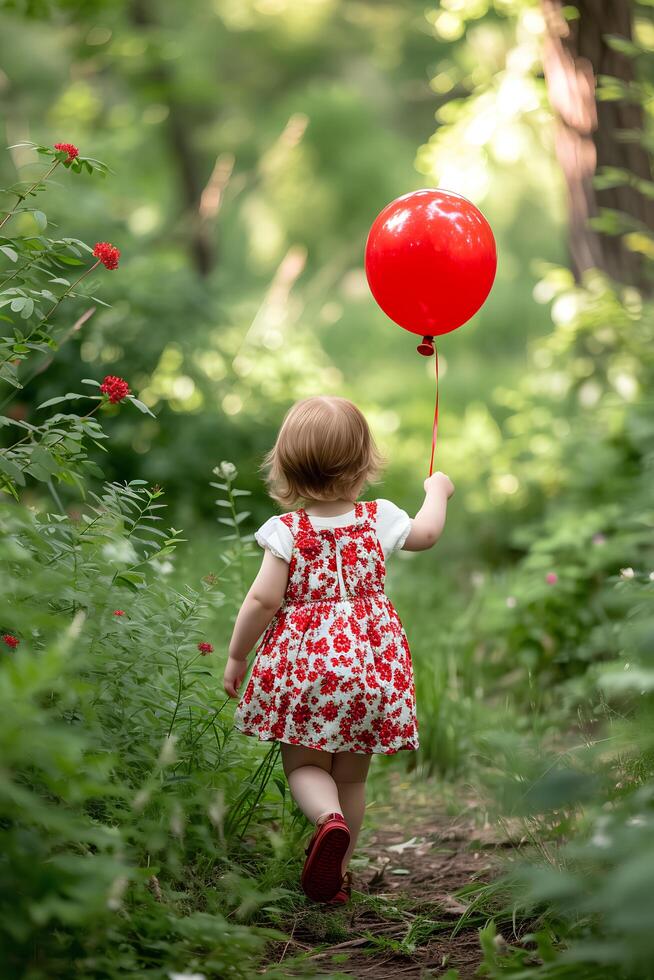 ai generado pequeño floración niñito elegancia en un rojo floral primavera vestir foto