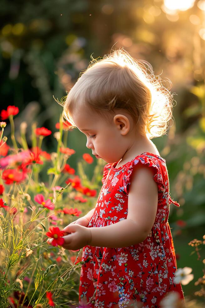 ai generado pequeño floración niñito elegancia en un rojo floral primavera vestir foto