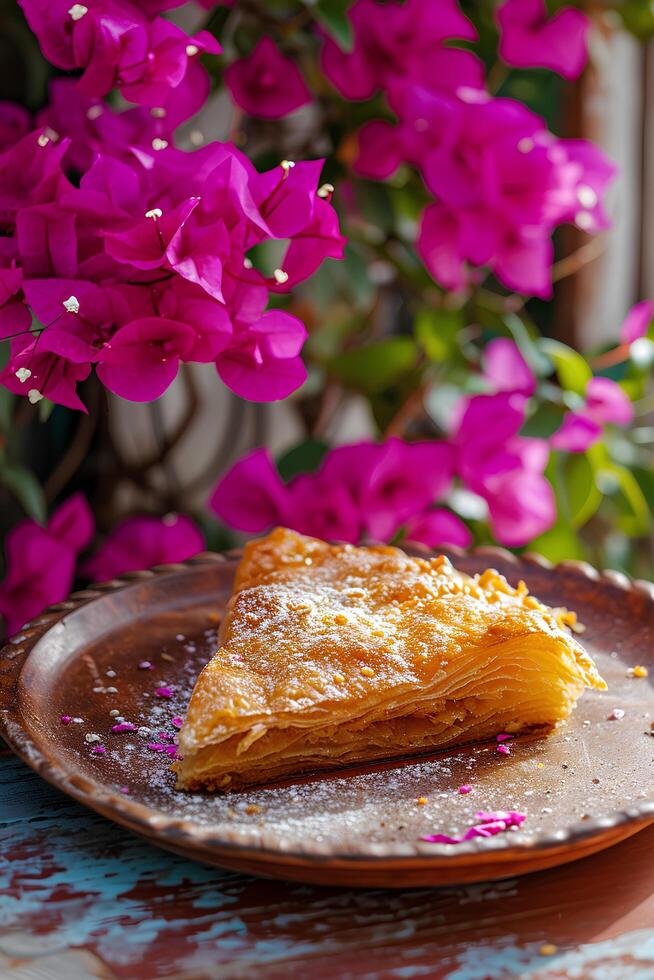 AI generated Golden Layers Close-Up of Galaktoboureko with Bougainvillea Beauty photo