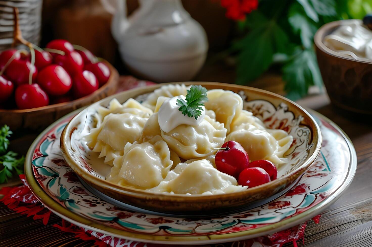 AI generated Culinary Heritage Elegant Folk Presentation of Traditional Russian Dessert photo