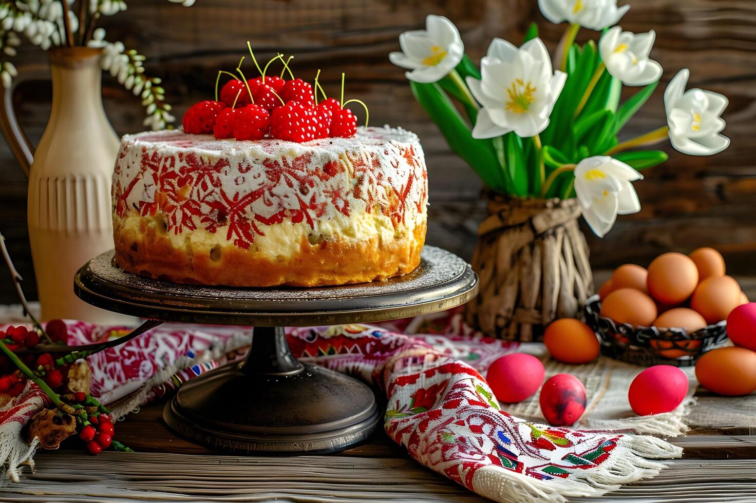 AI generated Culinary Heritage Elegant Folk Presentation of Traditional Russian Dessert photo