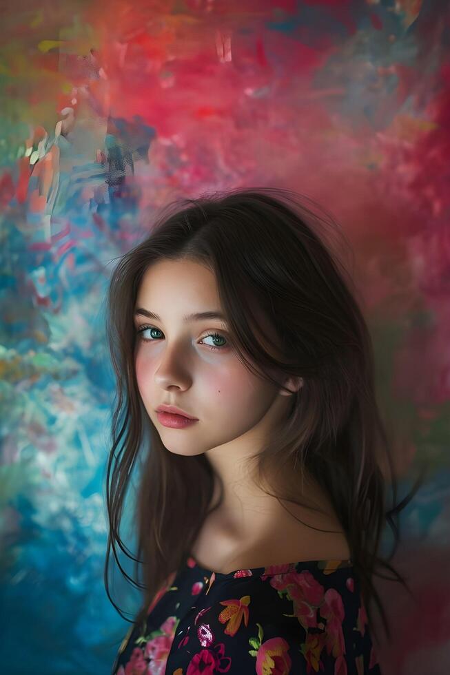 AI generated Bold Elegance Beautiful Girl Adorned by a Vibrant Painterly Background photo