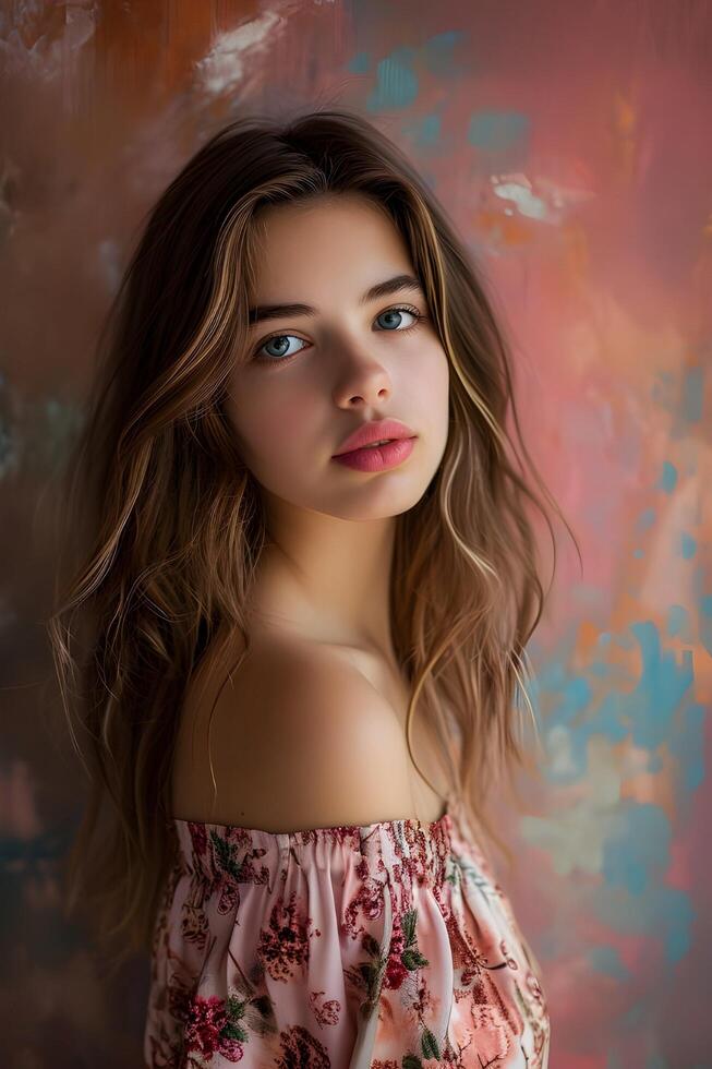 AI generated Bold Elegance Beautiful Girl Adorned by a Vibrant Painterly Background photo
