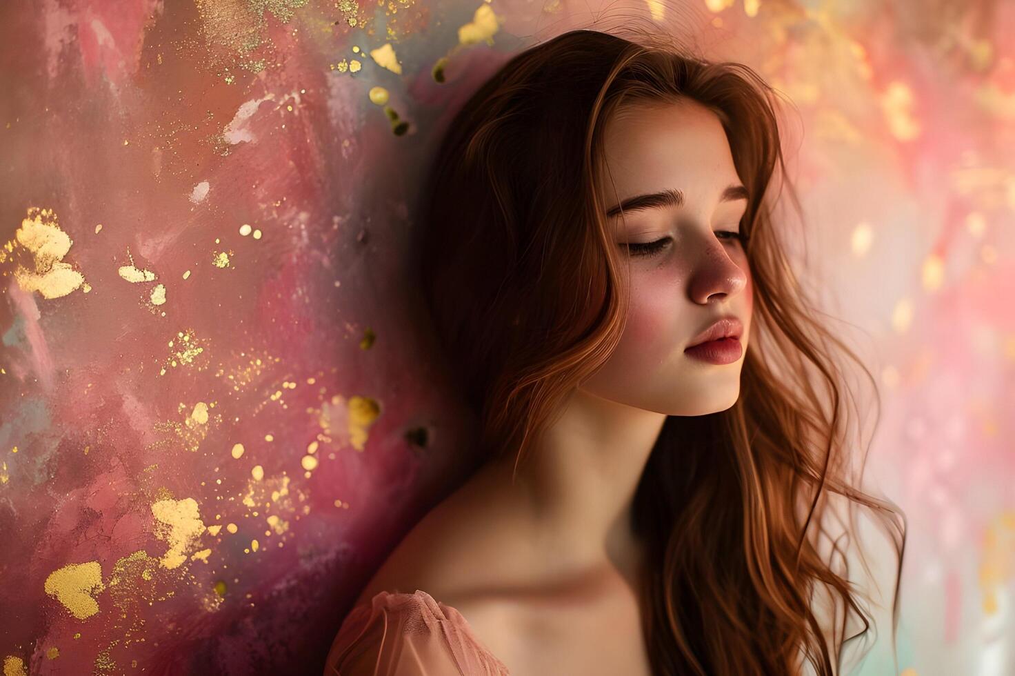 AI generated Bold Elegance Beautiful Girl Adorned by a Vibrant Painterly Background photo