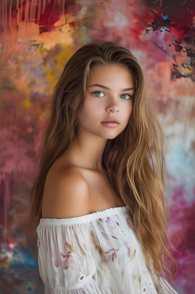 AI generated Bold Elegance Beautiful Girl Adorned by a Vibrant Painterly Background photo