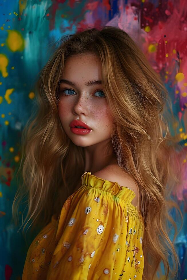 AI generated Bold Elegance Beautiful Girl Adorned by a Vibrant Painterly Background photo