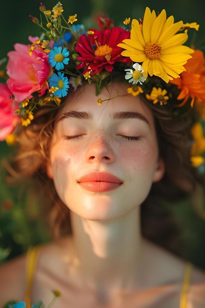 ai generado abrazo el floraciones mujer natural belleza en primavera bandera de cuidados personales foto