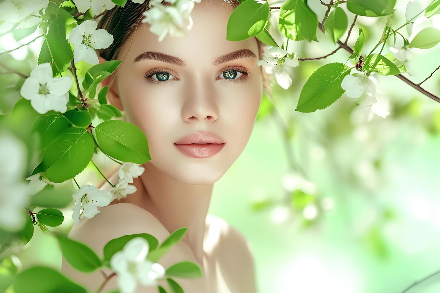 AI generated Enchanting Greens Woman's Beauty Springs to Life in Spring Banner photo